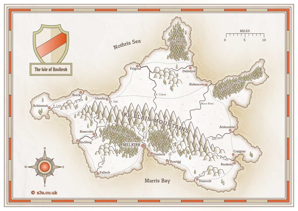 A fantasy map showing an island with mountains, forests, rivers, settlements, and labels. The map is a white and gold colour with some dull orange-red elements to contrast.