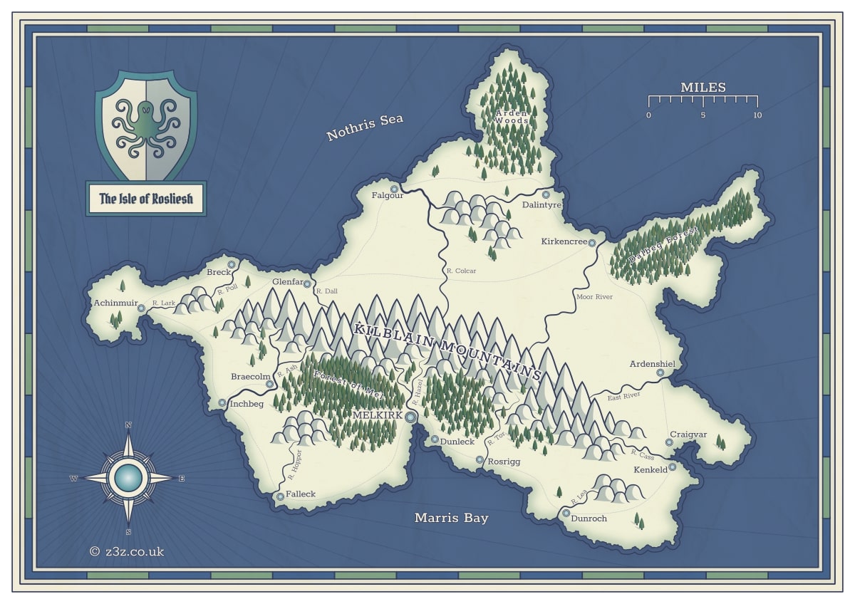 The same map as above, but coloured blue and green this time with simpler tree and mountain symbols.