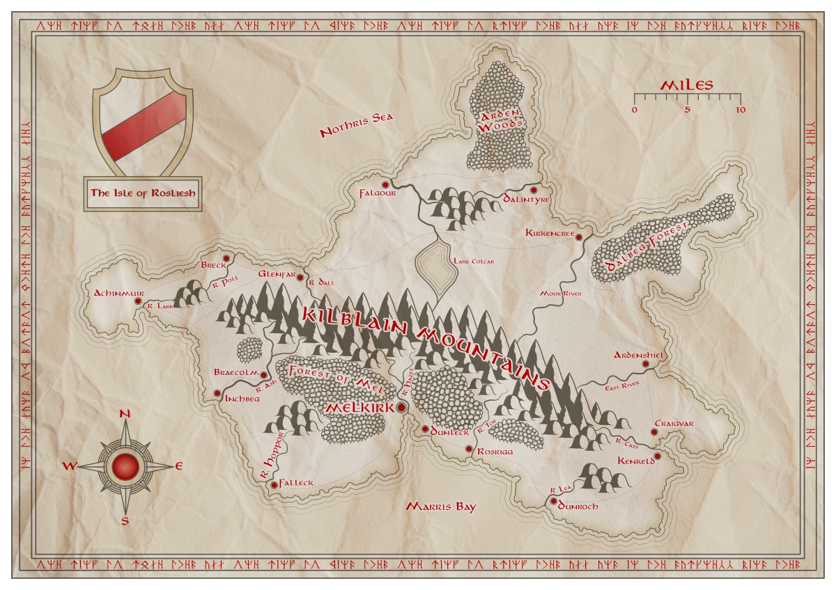 The same map geography as previously, but this time the map has a crumbled paper texture. The colours have been changed to a dark brown and red color to imitate Tolkien's maps. 