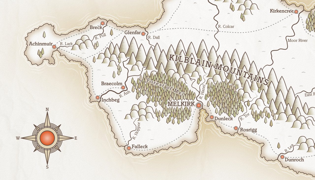 a fantasy map showing part of a coastline with mountains, rivers, forests and settlements inland.