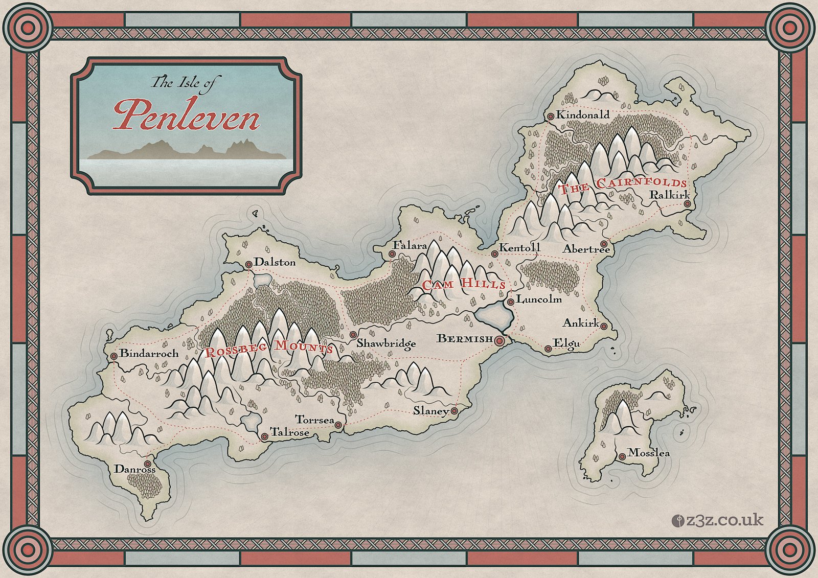 A colourful fantasy map showing an island named Penleven.