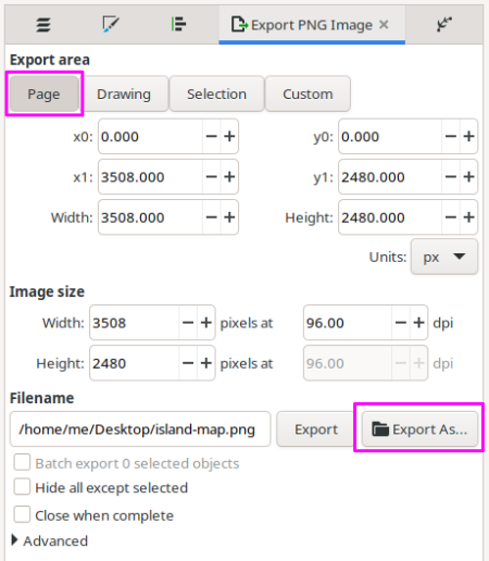 Inkscape's Export PNG panel