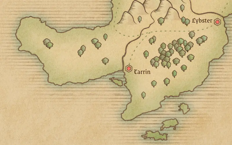 A small area of a fantasy map showing horizontal hatching from the coastline