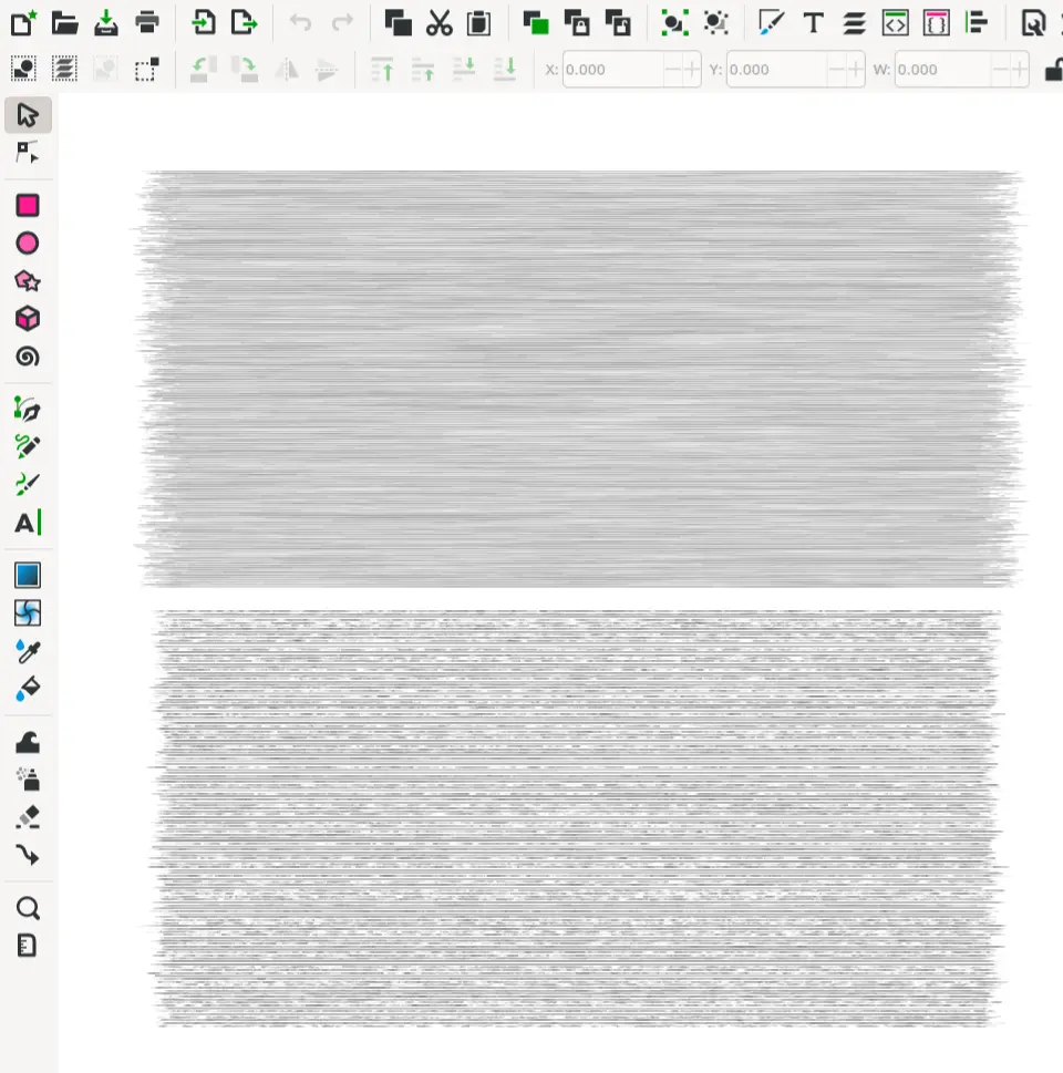 A screenshot from Inkscape showing two coastline hatching patterns, one with fairly solid lines, and the other with more broken, random lines