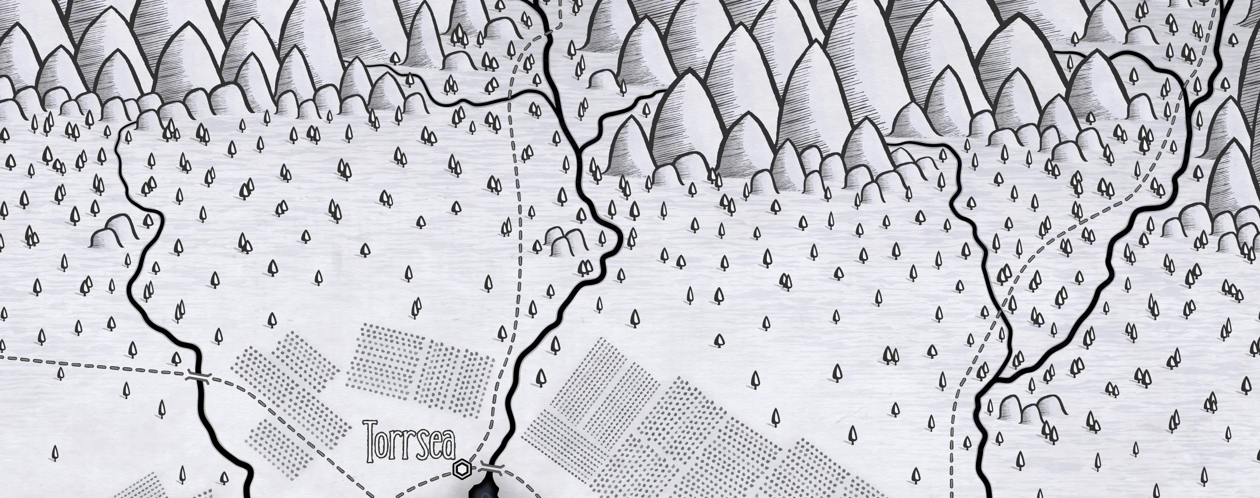 A snippet of a monochrome fantasy map showing some towns, farmlands and mountains to the rear.