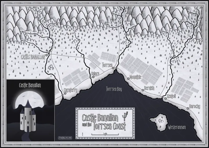 A monochrome fantasy map showing the Torrsea coastline with some towns, farmlands and mountains to the rear, with a simple castle illustration at the left.