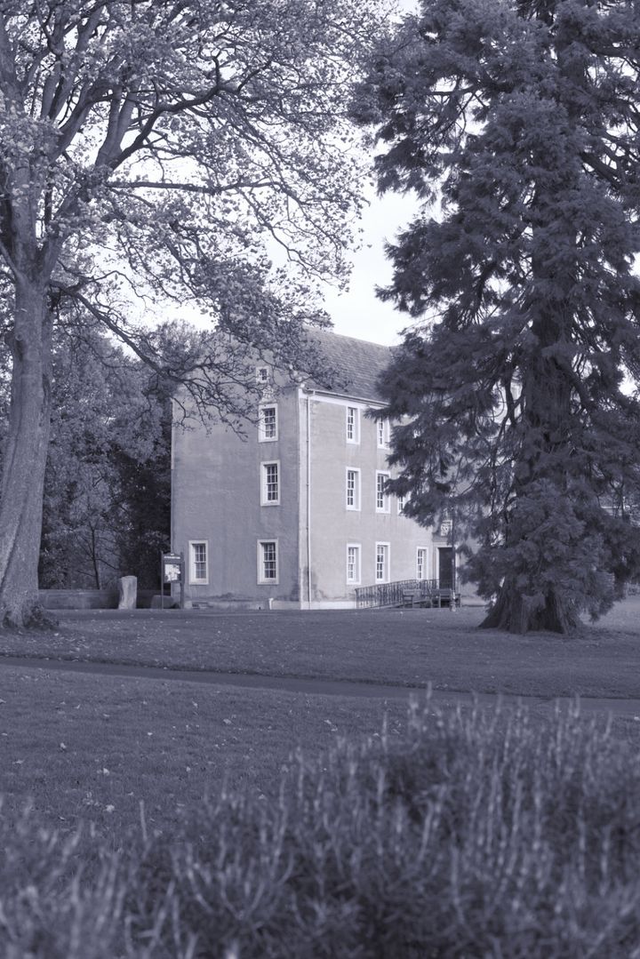 Pittencrief House, historic three-storey building sandwiched between two trees.